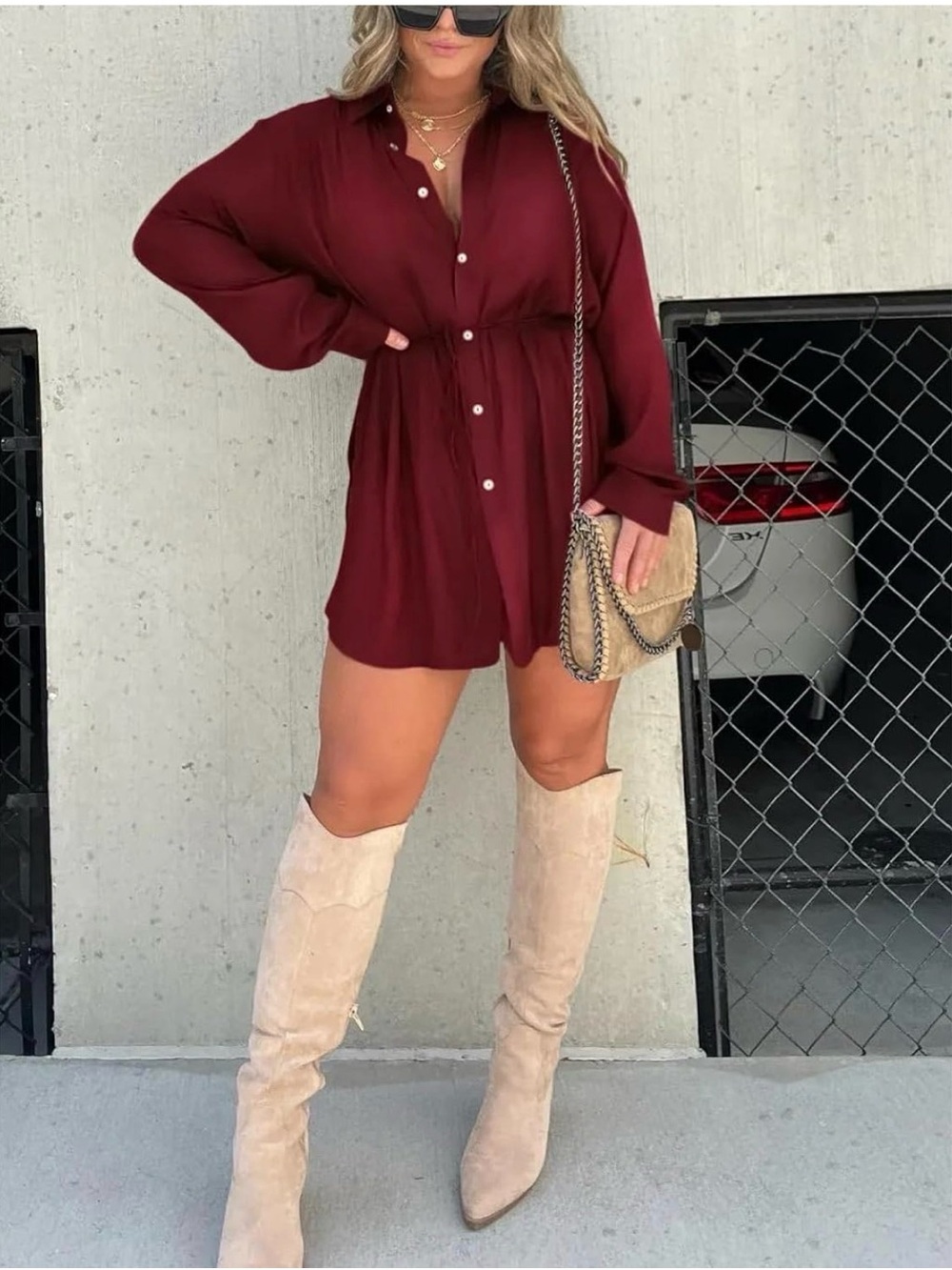 Women's Button-Front Shirt Romper in Wine
